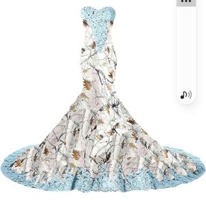 White camo print wedding dress with sky-blue lace accents